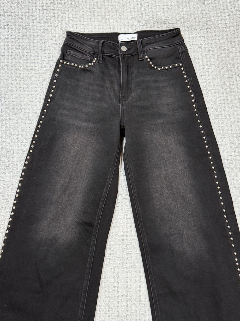 Olivia High Rise Silver Dome Nail Head Detailed Wide Leg Jeans by Vervet 27 - Picture 8 of 16